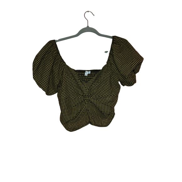 NWT Rabbit Rose tan and black gingham print dolman twist cropped top medium - Picture 1 of 8